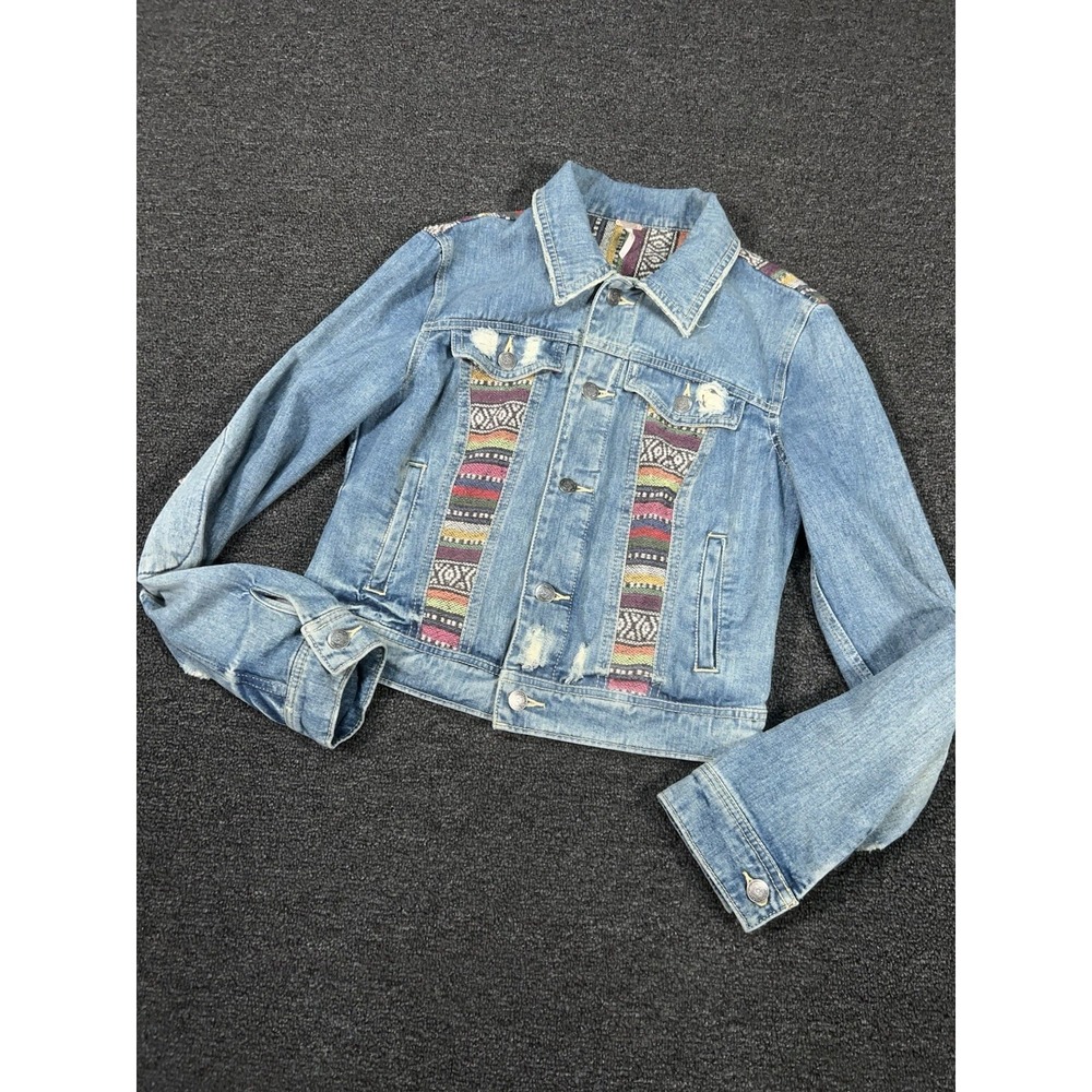 Free People Denim Trucker Jacket Women's 2 Boho Patchwork Aztec Distressed - Picture 1 of 9